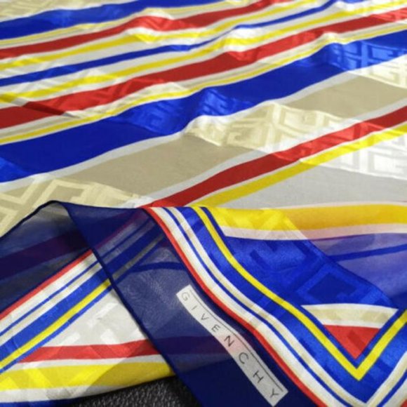 Givenchy Blue Red Gold Stripe Print Abstract Silk Scarf - Picture 4 of 4